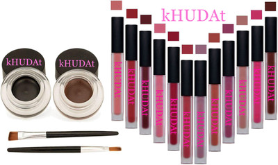 kHUDAt Gel Eyeliner Brown,Black & Red Edition Beauty Matte Liquid Lipstics Set Of 12(14 Items in the set)