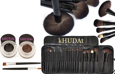 kHUDAt Gel Eyeliner Brown,Black & Professional Makeup Cosmetic Brush Set Kit Tool With Roll Up POUCH(Pack of 24)(BLACK)(26 Items in the set)