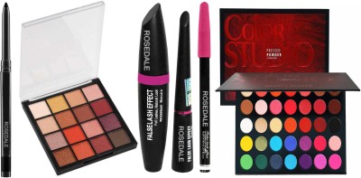 ROSEDALE Smudge Proof Long Lasting Waterproof Kajal & Hilary Rhoda HR-K01-2 Blushed Eyeshadow Palette & 3in1 Eyeliner , Mascara , Eyebrow Pencil & Beauty Glazed Color Studio Eyeshadow Palette(6 Items in the set)