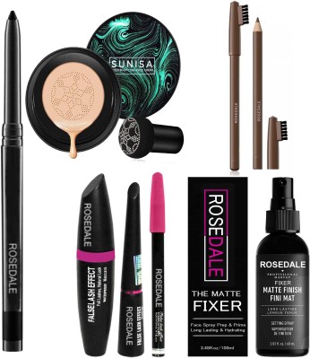 ROSEDALE Smudge Proof Long Lasting Waterproof Kajal & Sunisa Korean Mushroom Air Cushion CC Crean Foundation & 3in1 Eyeliner Mascara Eyebrow Pencil & The Matte Fixer Face Spray & Yanqina 36H Ultra Deep Brown Eyebrow Pencil(7 Items in the set)