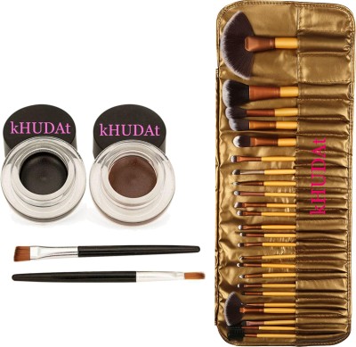 kHUDAt Gel Eyeliner Brown,Black & Professional Makeup Cosmetic Brush Set Kit Tool With Roll Up POUCH(Pack of 24)(Gold)(26 Items in the set)