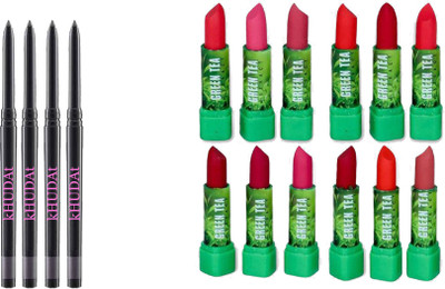 kHUDAt 4 Pcs Kajal Pen(Black) & Lipstick set of 12 Green tea extract multicolor with moisturizing effect. (Multicolor, 1.5 ml)(4 Items in the set)