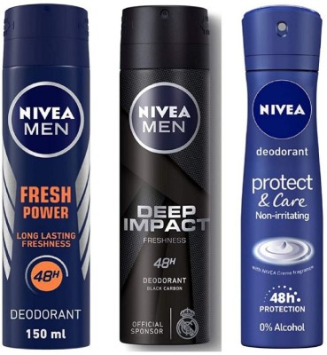 NIVEA Fresh Power Deo 150 ml , Deep Impact Deo 150 ml , Protect Care Deo 150 ml (Pack of 3) 186 Deodorant Spray  -  For Men & Women(450 ml, Pack of 3)