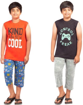 Cave Tree Kids Nightwear Boys Printed Cotton(Black Pack of 2)