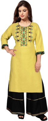 Jay Mataji Creation Women Embroidered Straight Kurta(Yellow)