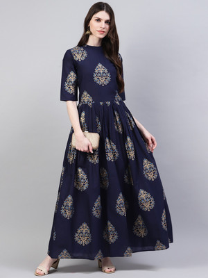 Stylum Women Printed Flared Kurta(Dark Blue, Gold)