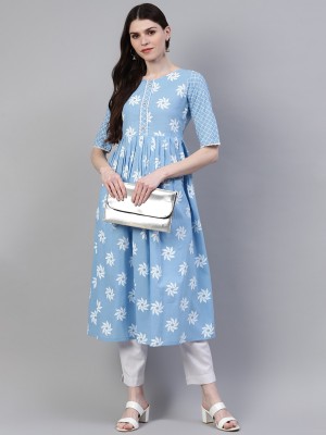 Stylum Women Printed Flared Kurta(Light Blue)