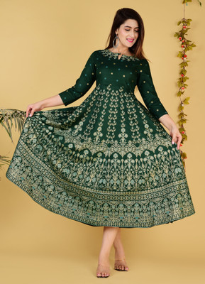 Lali Creation Women Printed Flared Kurta(Dark Green)