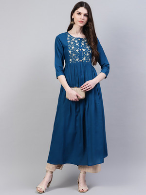 Stylum Women Embroidered A-line Kurta(Blue)