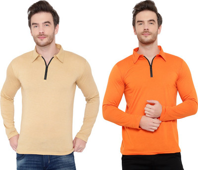 Moordale Solid Men Polo Neck Orange, Beige T-Shirt