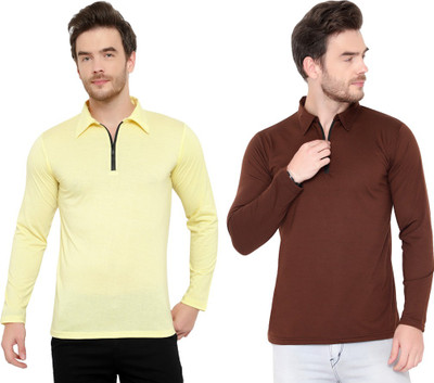 Adorbs Solid Men Polo Neck Brown, Yellow T-Shirt