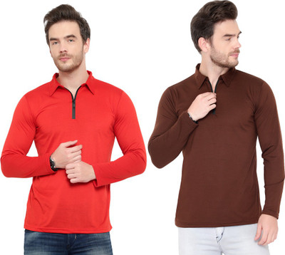 Moordale Solid Men Polo Neck Red, Brown T-Shirt