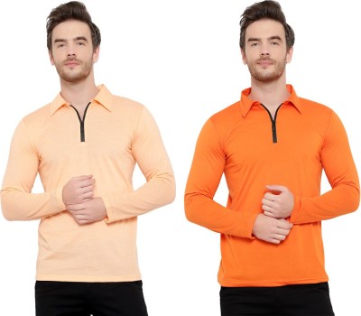 Tivy Solid Men Polo Neck Orange, Beige T-Shirt