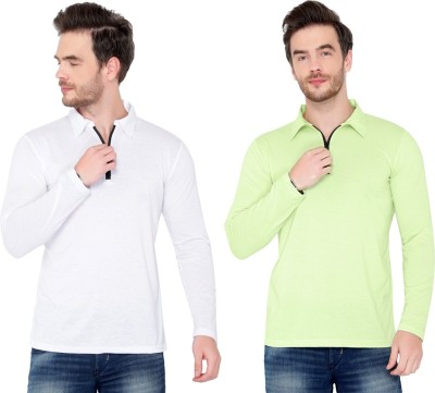 Behemoth Solid Men Polo Neck White, Light Green T-Shirt