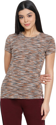 Lyra Self Design Women Round Neck Brown T-Shirt