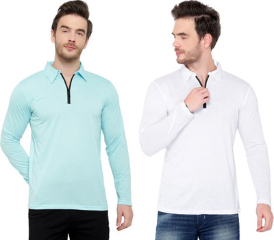 Jangoboy Solid Men Polo Neck Light Blue, White T-Shirt