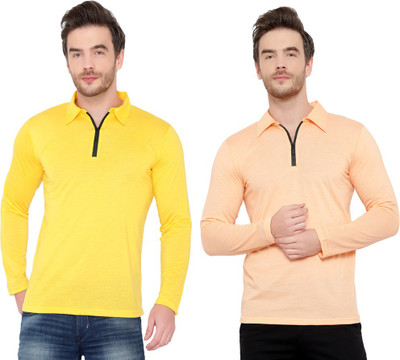 Jangoboy Solid Men Polo Neck Beige, Yellow T-Shirt