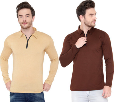 Jangoboy Solid Men Polo Neck Brown, Beige T-Shirt