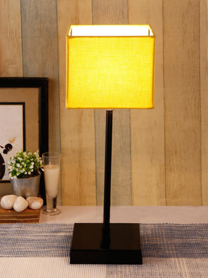 Devansh Square Yellow Cotton Shade Table Lamp with Iron Base Table Lamp(38 cm, Yellow)