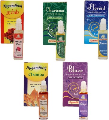 Sugandhim Roll On Rose + Charisma+Florent+ Champa+ Blaze 8 ml Pack of 5 Floral Attar(Natural)