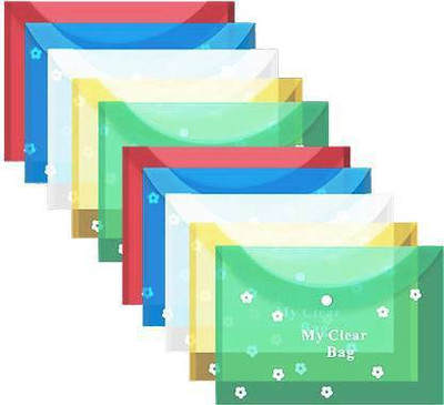 MAGPIE Polypropylene Collections My Clear Bag Full Size Transparent A4 Paper Size Button Organizer File Folder(Set Of 10, Multicolor)