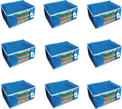 Adwitiya White Border Large Nonwoven Storage Organizer for Clothes Set of 9(Blue)