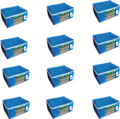 Adwitiya White Border Large Nonwoven Storage Organizer for Clothes Set of 12(Blue)