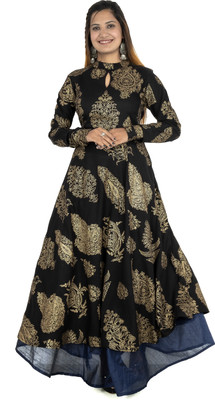 zuberiya Women Printed Anarkali Kurta(Black)