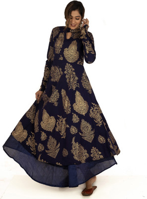 zuberiya Women Printed Anarkali Kurta(Dark Blue)