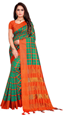 PRIYANSH CREATION Checkered Daily Wear Cotton Silk Saree(Orange)