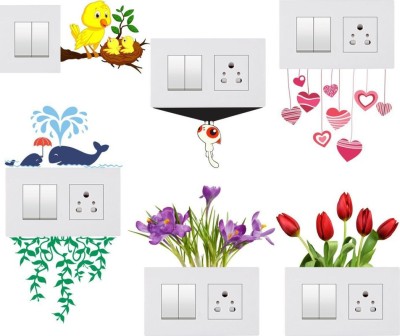 KLHOMEDECOR 20 Switch Board Sticker of Cute Birds Cat Flower Grass Fish Green Branch Home Switch Board Decoration Sticker Set Of Seven (Pvc vinyl Multicolor) Self Adhesive Sticker(Pack of 7)