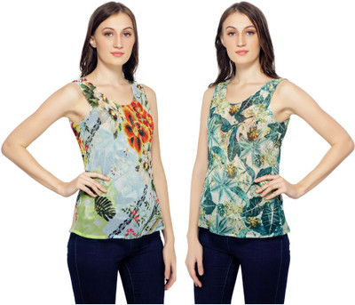 TSM Casual Sleeveless Printed Women Green Top
