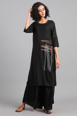 W Women Printed Straight Kurta(Black)