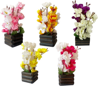 Ryme Multicolour Orchids Artificial Flower with Pot Multicolor Orchids Artificial Flower  with Pot(8 inch, Pack of 5, Flower Bunch)