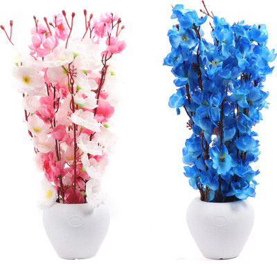 Flipkart Perfect Homes Artificial Flowers for Home Décor Pink/White and Blue Cherry Blossom Artificial Flower with Pot Pink, White, Blue Orchids Artificial Flower  with Pot(16.5 inch, Pack of 2, Flower Bunch)