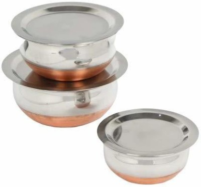 RBGIIT Stainless Steel Vegetable Bowl 3pc Copper Bottom Stainless Steel Cook & Serve Handi/Dish/Donga/Bowl/Box/Kitchen Food Storage Containers/Tiffin/Lunch Box Set (Copper Handi) Cookware 3 piece gift Set induction and gas stove compitable (Stainless Steel Handi Non stick, 3 - Piece WITH LID AND HAN