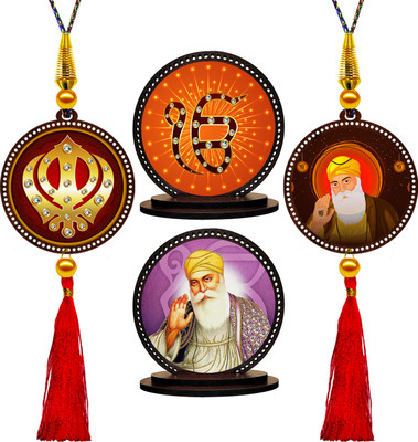 ClassiGiftz Punjabi / Sikh Khanda & Guru Nanak Dev ji Car Hanging & Ek Omkar Car Dashboard Idol Showpiece Combo (Set of 4) Car Hanging Ornament(Pack of 4)