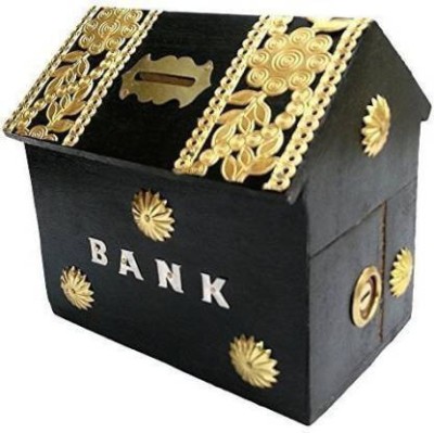 SUNWOOD ENTERPRISES SS HANDICRAFT Hut Shaped Wooden Money Box with Lock Piggy Bank Coin Box Children Gifts Coin Bank (Black) Coin Bank(Black)