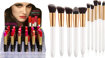 kHUDAt Matte lipstick set of 24 (multicolor, 3.2 g) & Professional Makeup Cosmetic Brush Set Kit Tool (Pack of 10)(White)(34 Items in the set)