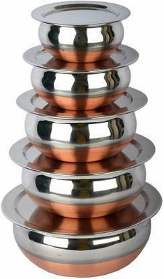LIMETRO STEEL Set Of 5 Copper Bottom Stainless Steel Handi Set / Cookware Set With Lid ( Capacity : 05 Ltr , 075 Ltr , 1 Ltr , 15 Ltr , 2 Ltr) Cookware Set For Rs. 679 @ 55% off