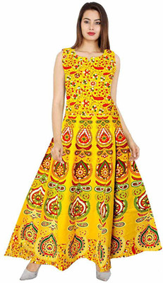 Shrisay fashion Women Fit and Flare Yellow Maxi/Full Length Dress