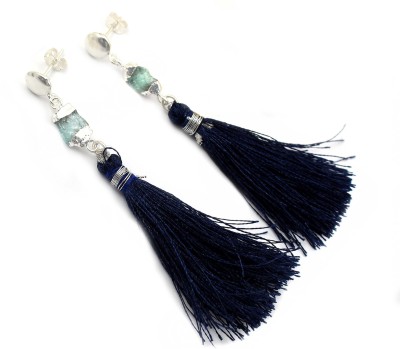 G-Vogue Gorgeous Designer Earring Silver Plated Blue Thread Tassel Trendy Natural Amethyst Brass Tassel Earring