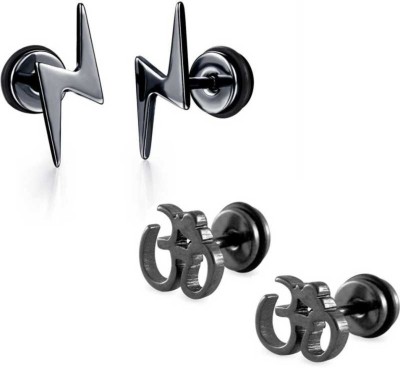 DEE GEE Stylish Combo of 2 Pairs Lightning Spark and Om Black Stud Earrings for Boys and Men Alloy Stud Earring