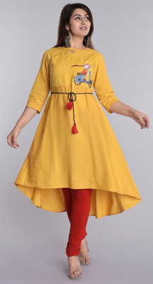 Deshopever Women Embroidered Flared Kurta(Yellow)