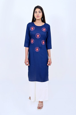VAIDIKI Women Embroidered Straight Kurta(Dark Blue)