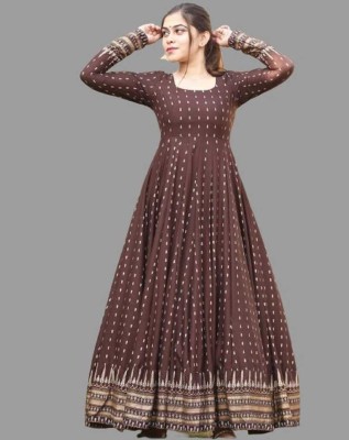 Kaushlya Women Printed Flared Kurta(Brown)