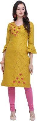Youthnic Women Chikan Embroidery A-line Kurta(Yellow)