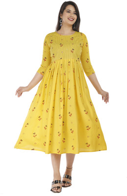 KAMDEV Women Printed Flared Kurta(Yellow) KAMDEV Women Printed Flared Kurta(Yellow)