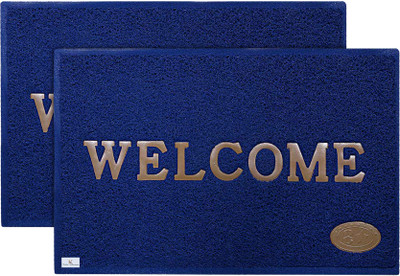 KUBER INDUSTRIES PVC (Polyvinyl Chloride) Door Mat(Blue, Grey, Medium, Pack of 2)
