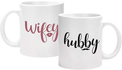 ADC Hubby and Wifey Printed Coffee &Tea Ceramic Coffee Mug(350 ml, Pack of 2)